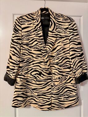 ZARA Black & Cream Zebra-Pattern Double-Breasted Blazer